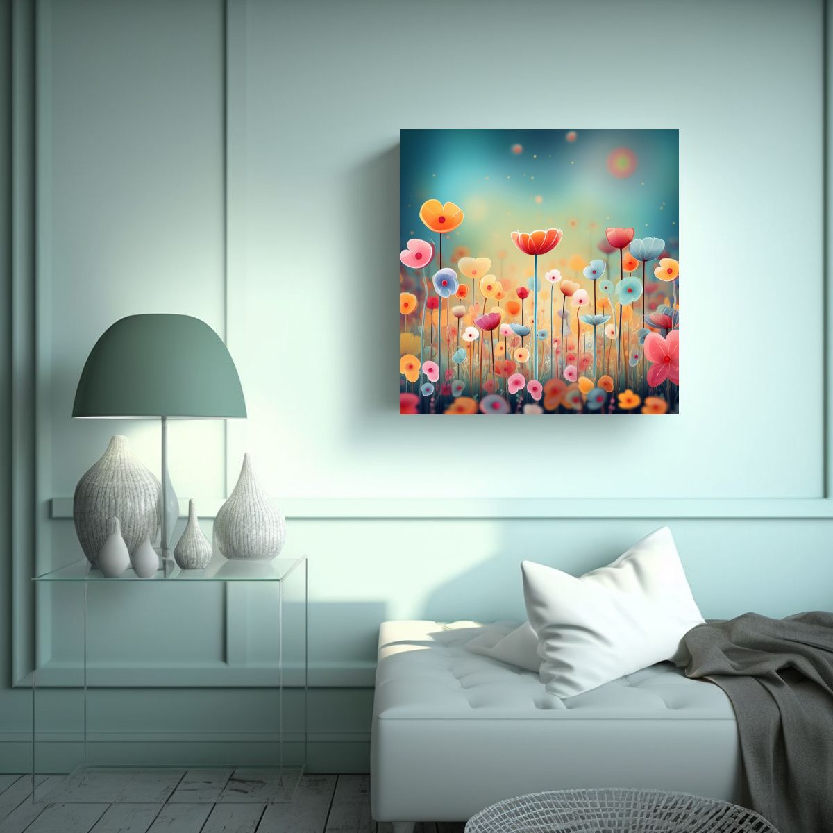 GENERICO - Ilustración De Flores Felices En Lienzo Para 60x60 Cm.
