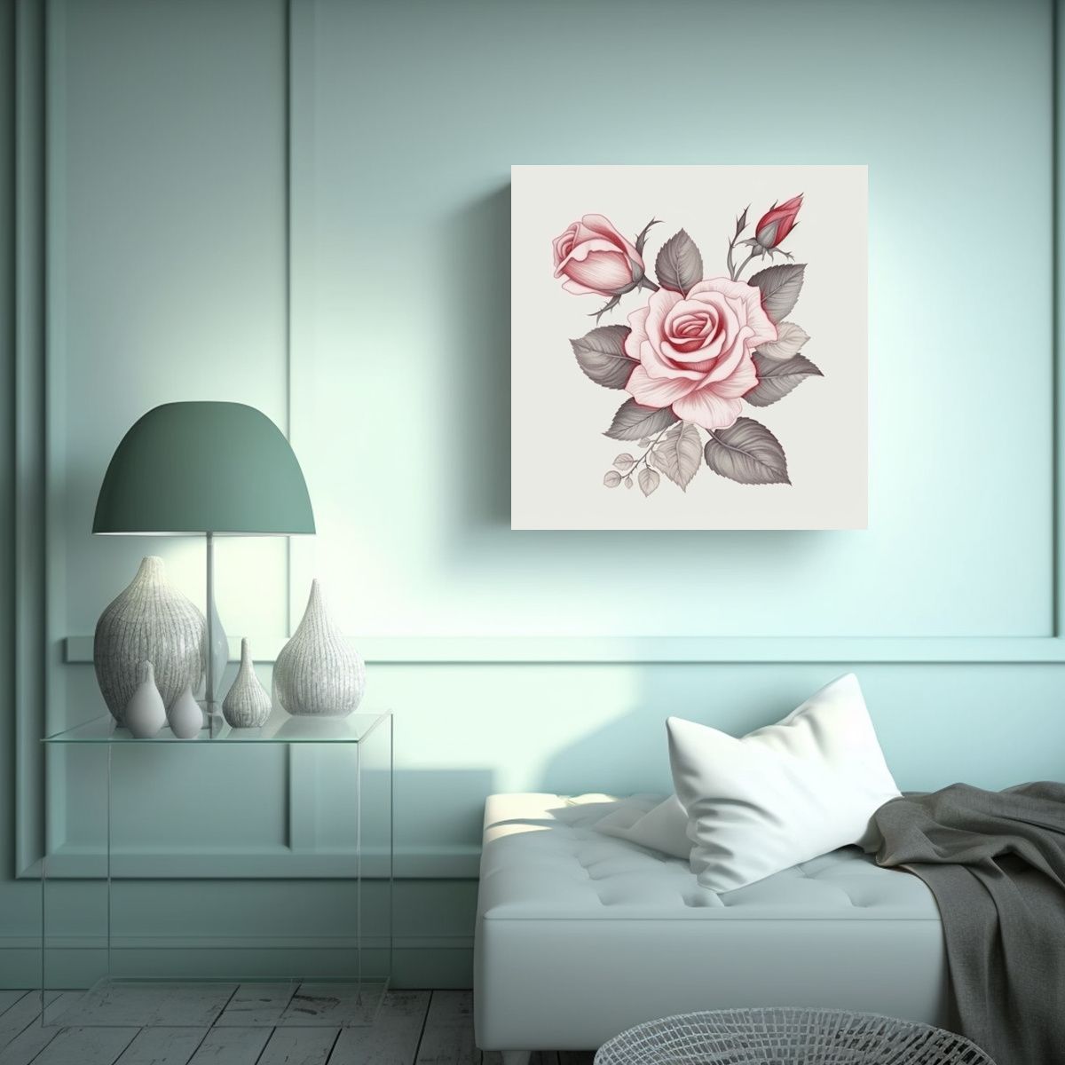 GENERICO - Ilustración Arte De Pared: Rosa Rosa Y Hojas En 30x30 Cm