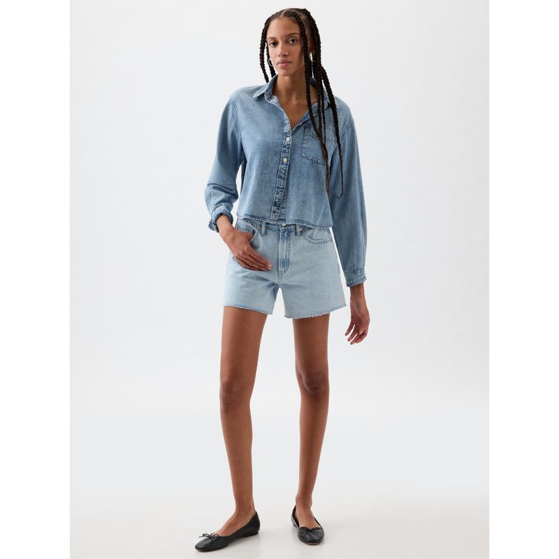 GAP - Blusa Cropped Denim Manga Larga Mujer Celeste