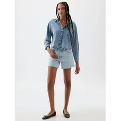 GAP - Blusa Cropped Denim Manga Larga Mujer Celeste