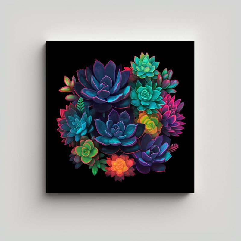 GENERICO - Cuadros Decorativos De Suculentas Neón En Fondo 90x90 Cm