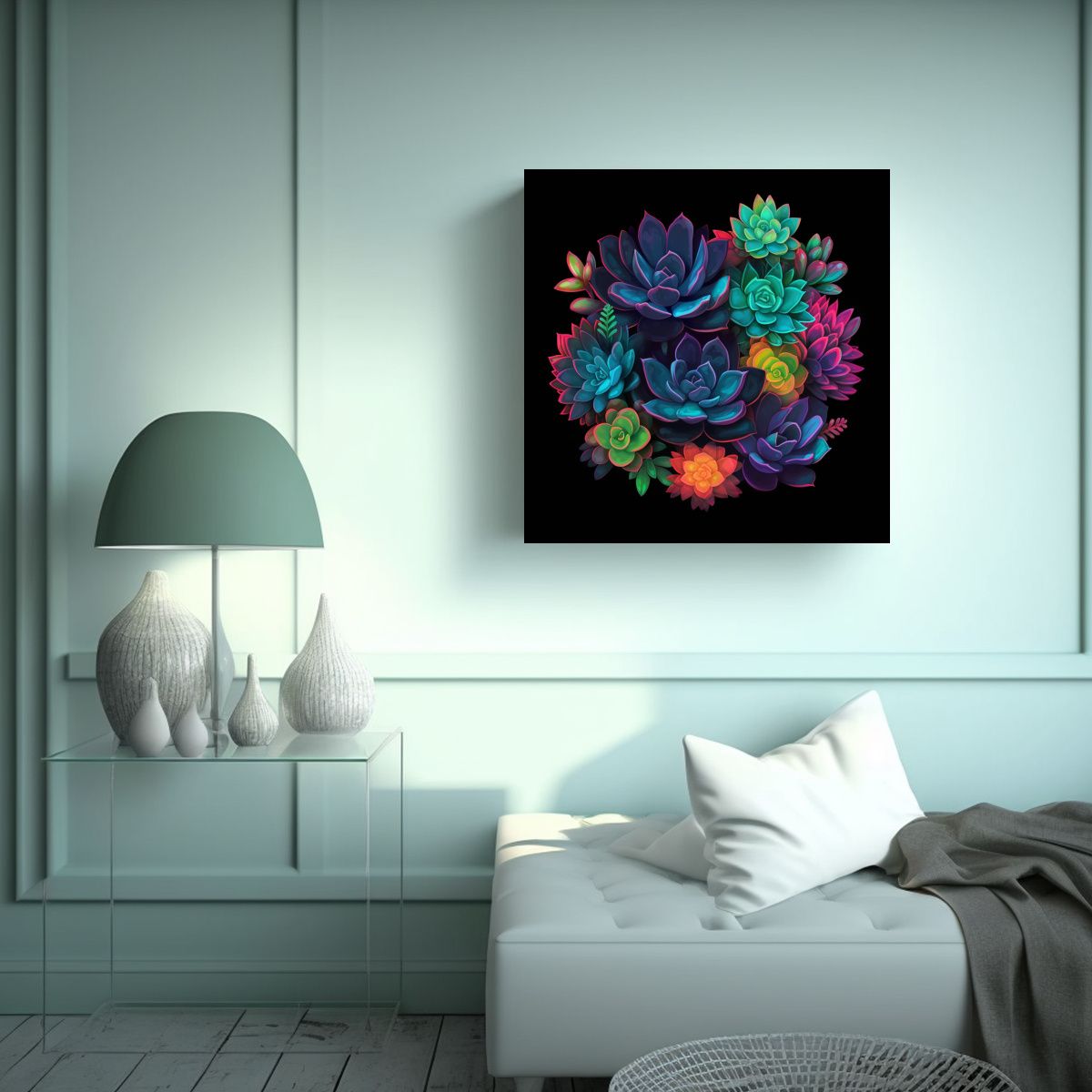 GENERICO - Cuadros Decorativos De Suculentas Neón En Fondo 90x90 Cm