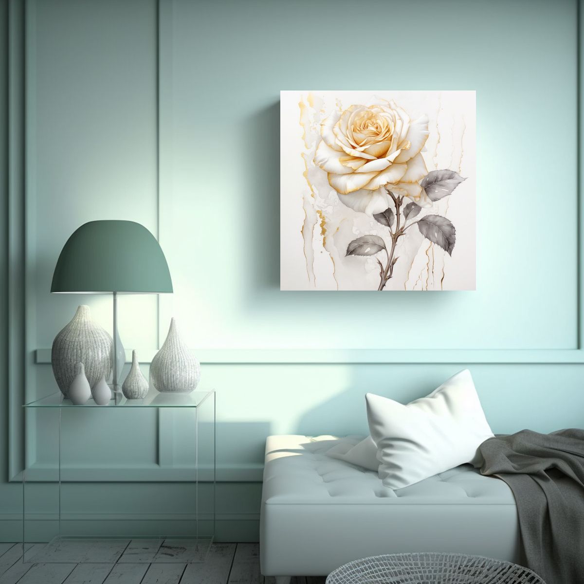 GENERICO - Cuadro Decorativo: Figuras De Rosa Blanca Dorada 70x70 Cm