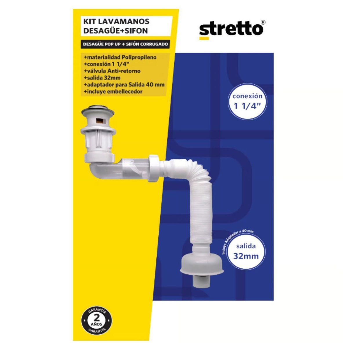STRETTO - Desague + Sifon Corrugado Lavamanos Antirretorno Lavabo