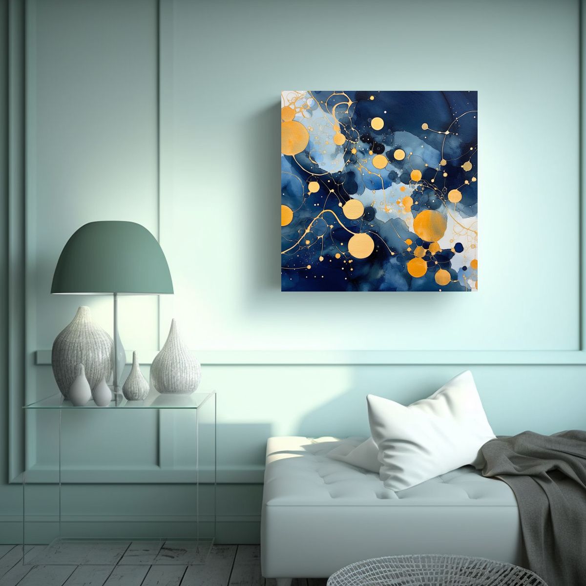 GENERICO - Pintura Abstracta Urbana En Azul Y Dorado Estilo 80x80 Cm