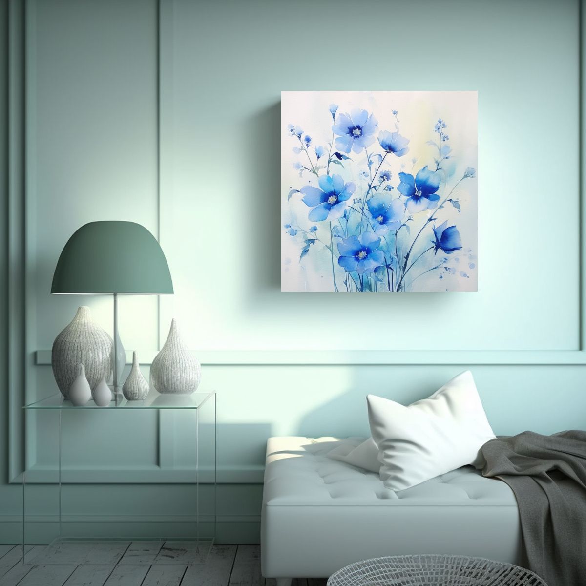 GENERICO - Cuadro De Flores Azules En Acuarela Para 80x80 Cm