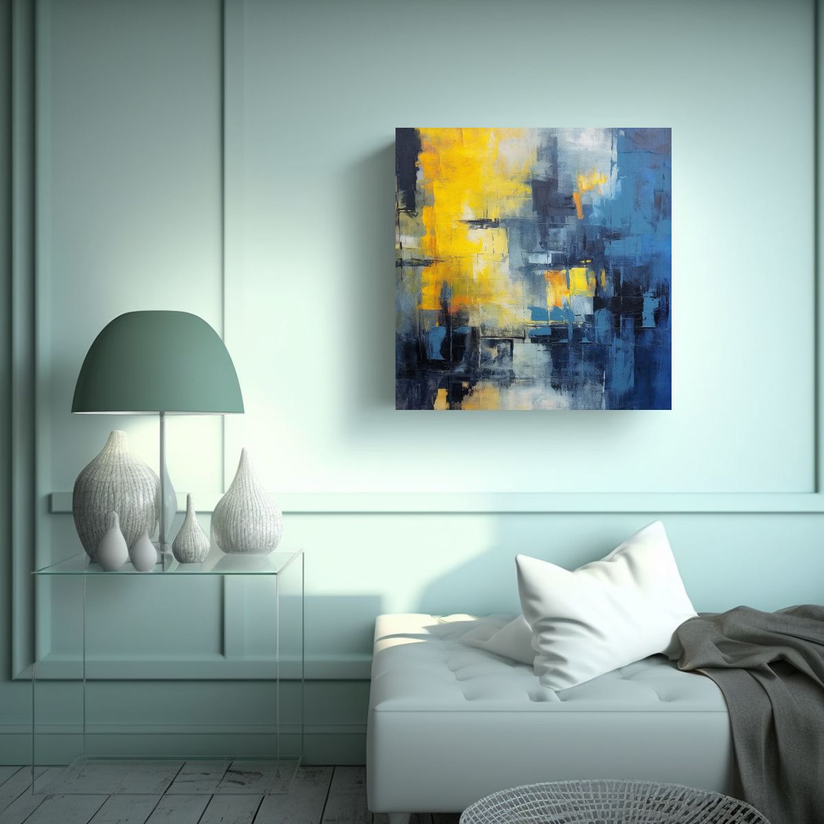 GENERICO - Pintura Abstracta Azul Y Amarilla De Canva 90x90 Cm
