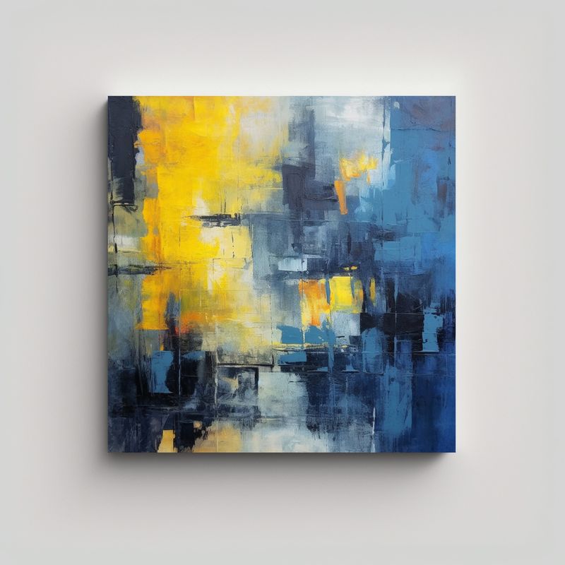 GENERICO - Pintura Abstracta Azul Y Amarilla De Canva 80x80 Cm