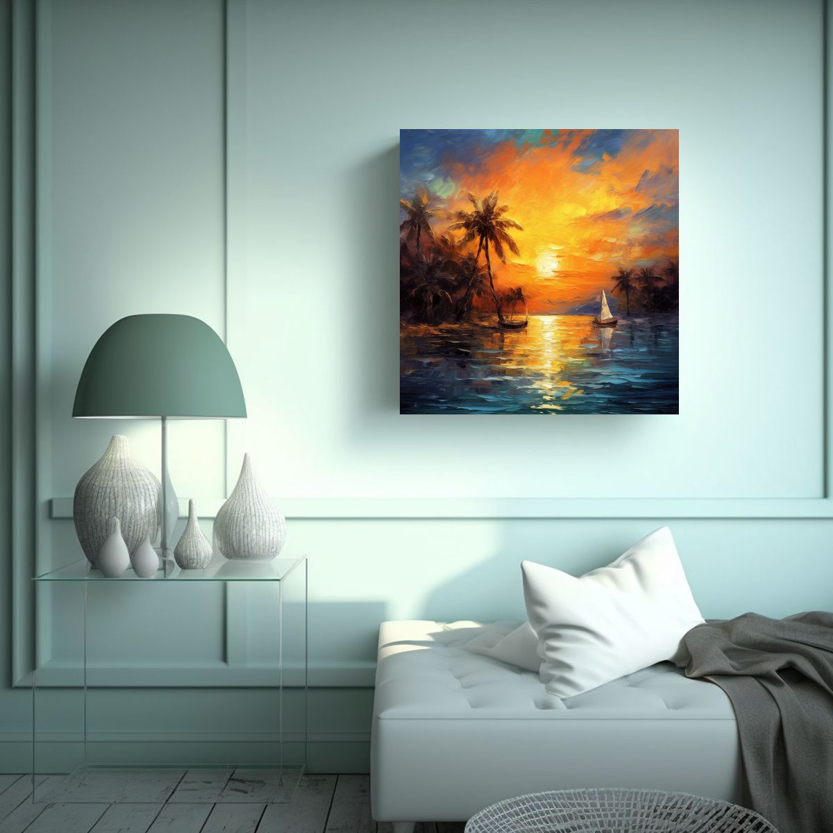 GENERICO - Paisaje Marino Con Palmera Pintura Al óleo 70x70 Cm