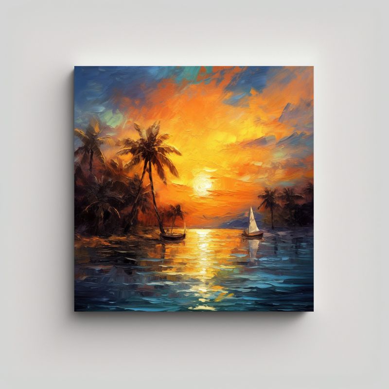 GENERICO - Paisaje Marino Con Palmera Pintura Al óleo 90x90 Cm