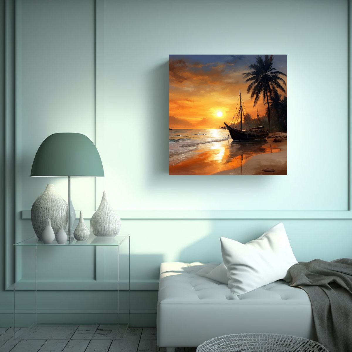 GENERICO - Paisaje Marino Con Barcos De Pesca Indios Y 80x80 Cm