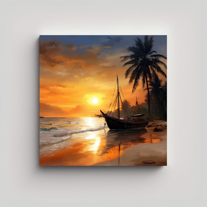 GENERICO - Paisaje Marino Con Barcos De Pesca Indios Y 70x70 Cm