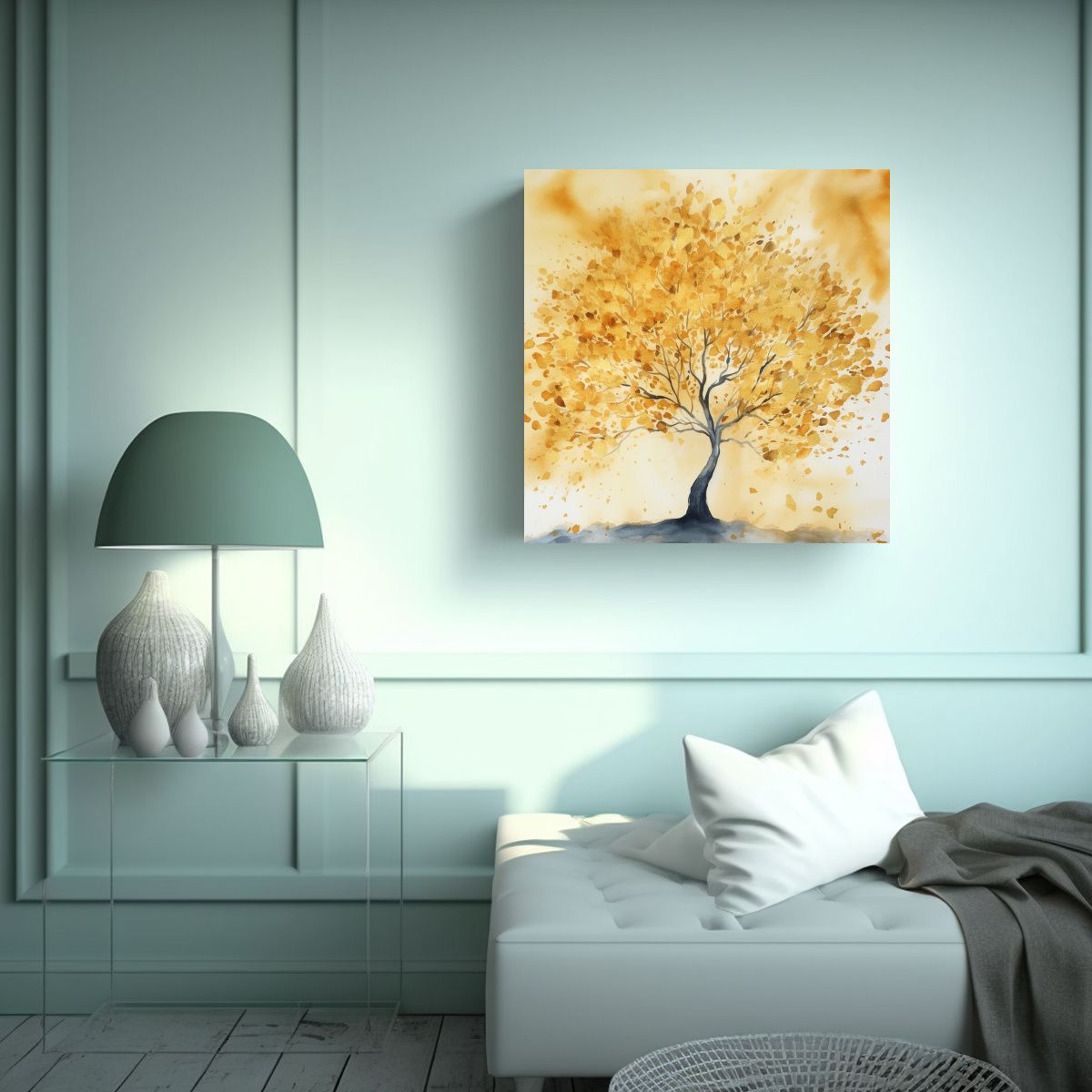 GENERICO - Fondo Acuarela árbol Dorado Canva Impreso 90x90 Cm