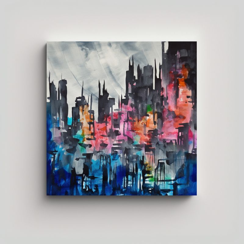 GENERICO - Cuadro Abstracto Urbano En Acuarela De Alta 80x80 Cm