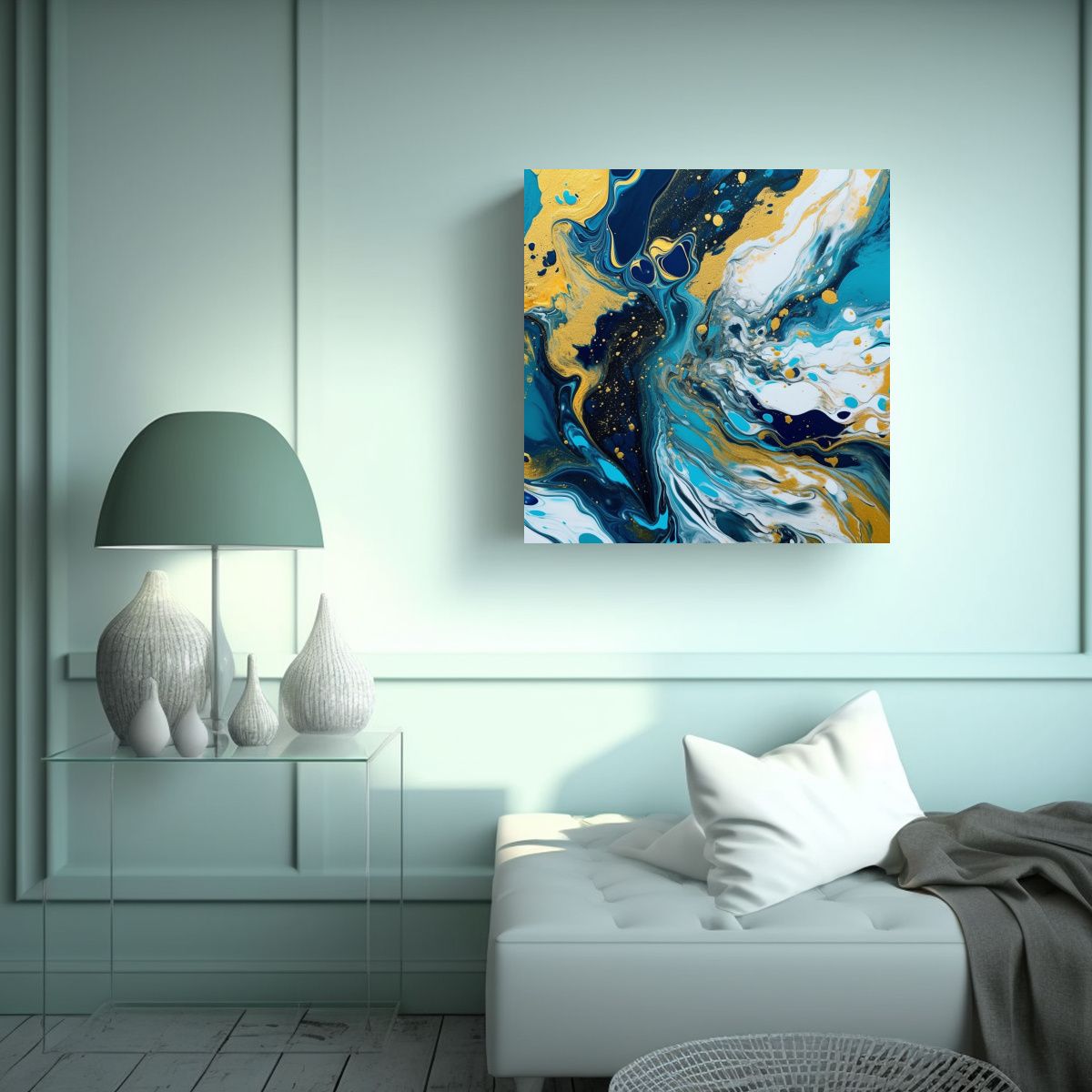 GENERICO - Cuadro De Tela Abstracto Estilo EBRU Azul Oscuro, 70x70 Cm.