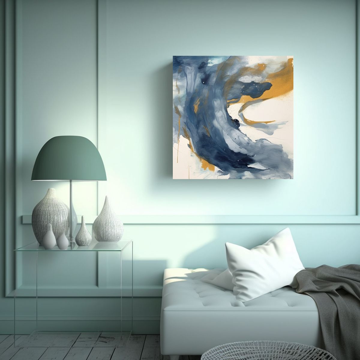 GENERICO - Pintura Abstracta Azul Y Dorada En Gris Oscuro Y 60x60 Cm