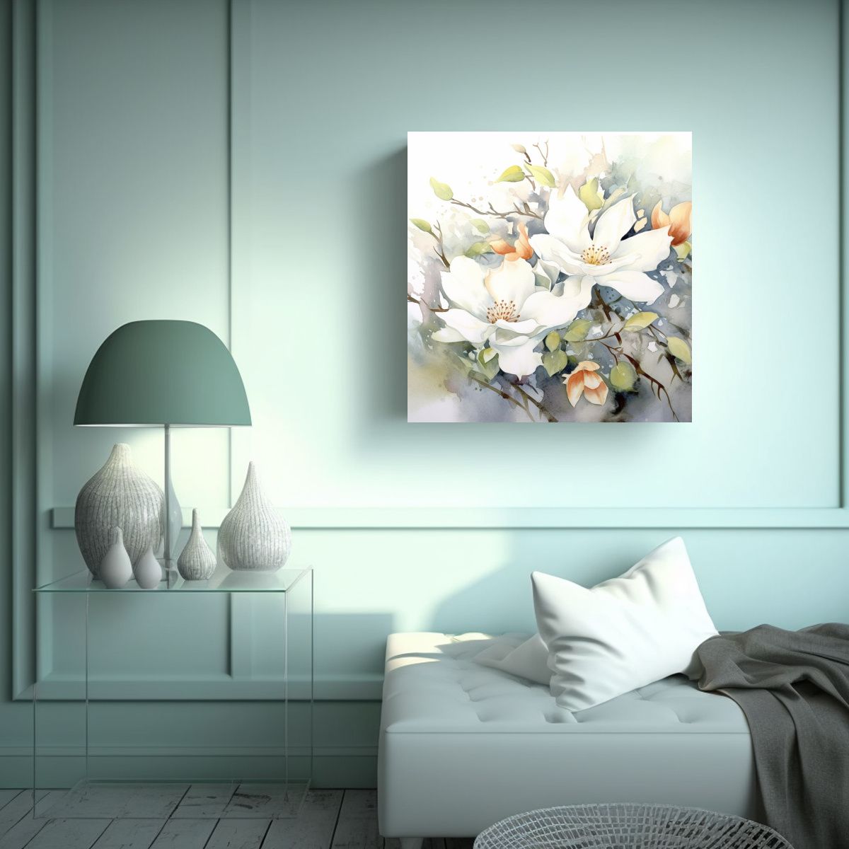 GENERICO - Relieve Acuarela Floral Lienzo Blanco Decoración 50x50 Cm