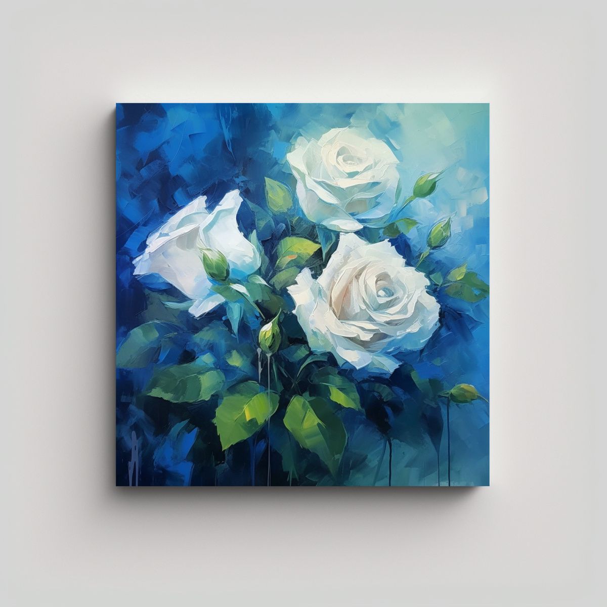 GENERICO - Ilustración Lienzo Azul Rosa Arte Con Hojas 70x70 Cm