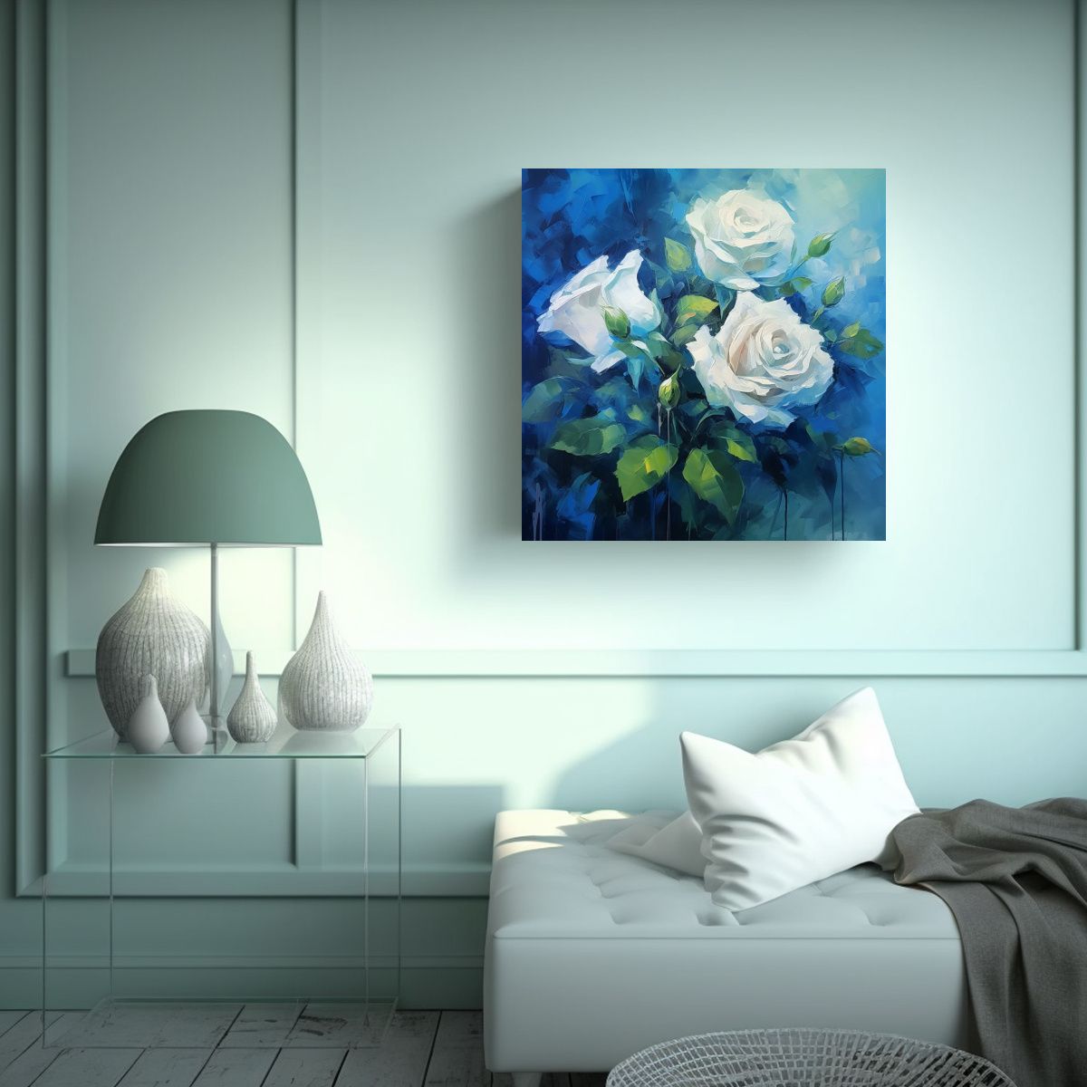 GENERICO - Ilustración Lienzo Azul Rosa Arte Con Hojas 50x50 Cm