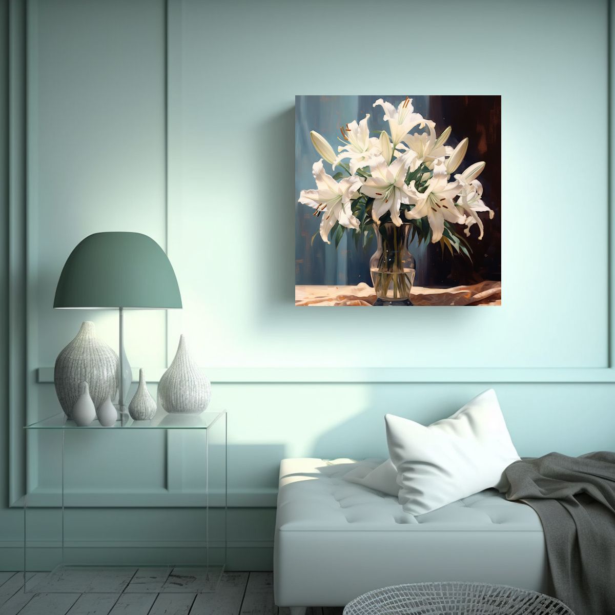 GENERICO - Pintura Elegante Lirios Blancos Cerca En Jarrón 50x50 Cm