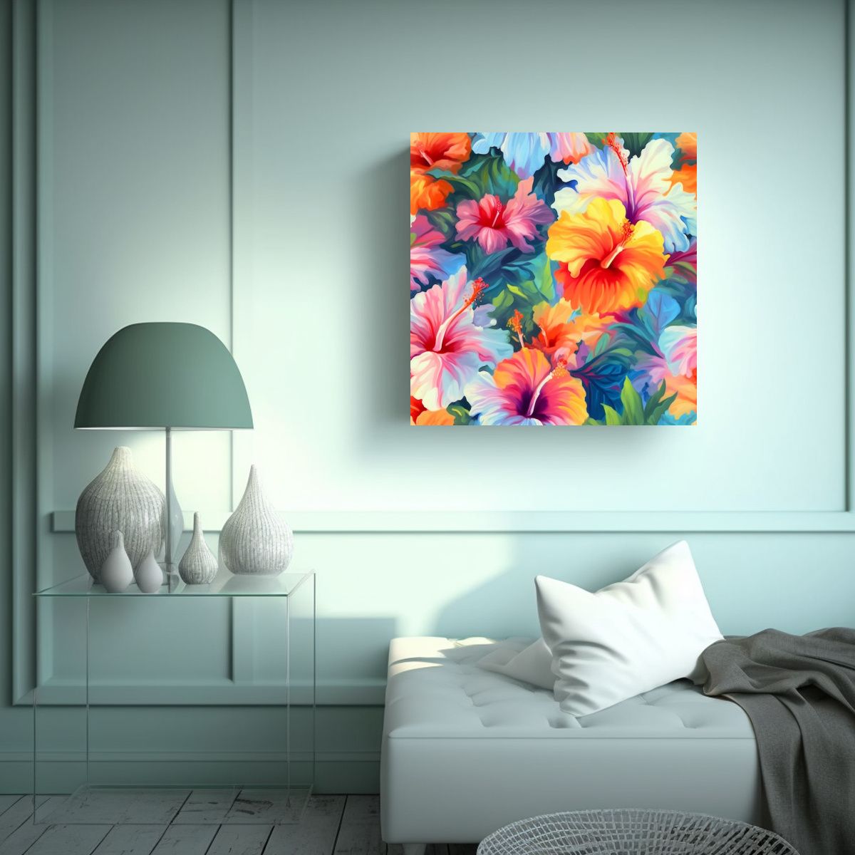 GENERICO - Exótico Paisaje Hawaiano, Diseño Floral, Cuadro 60x60 Cm