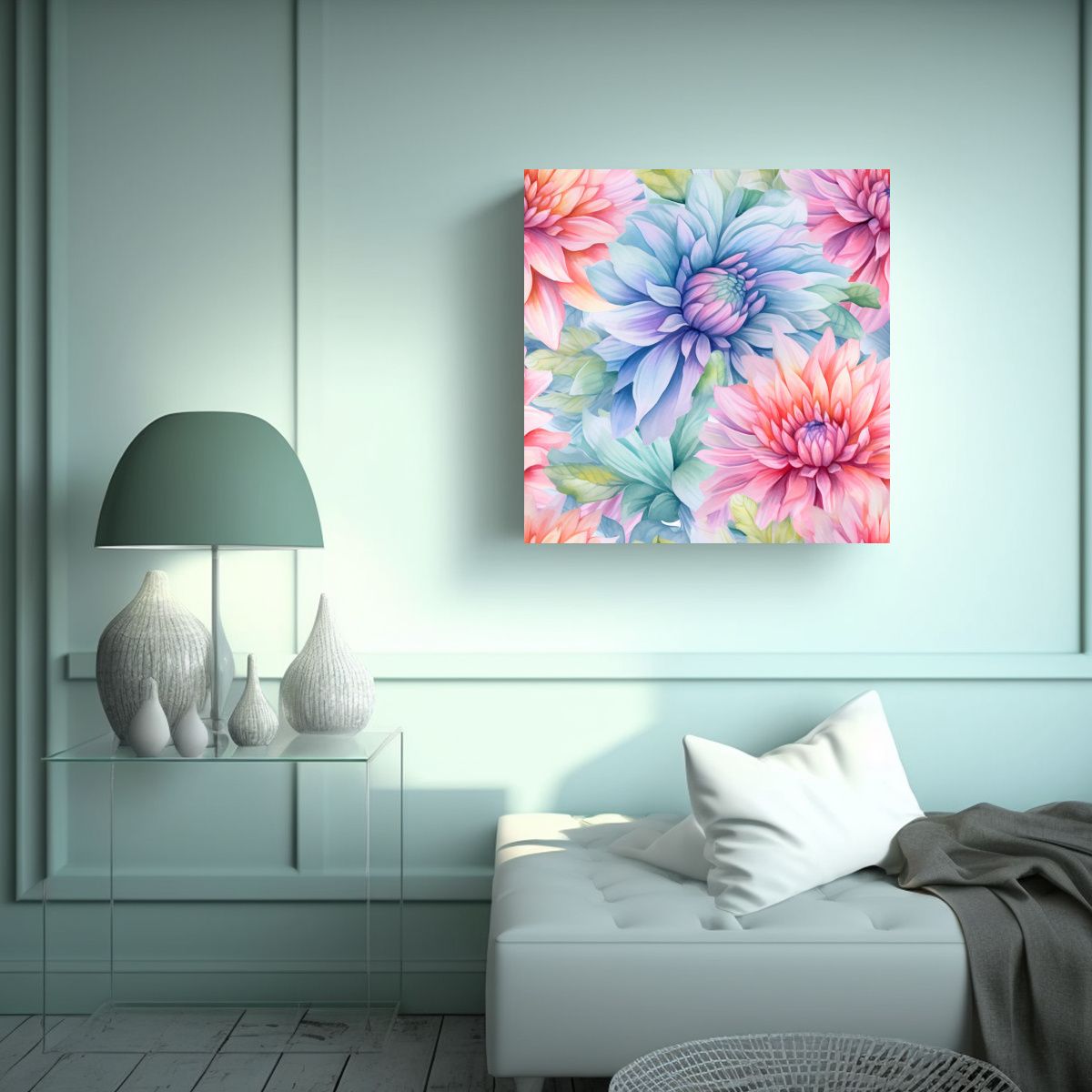 GENERICO - Vintage Lienzo Salon Acuarela Flores Suaves Alta 70x70 Cm
