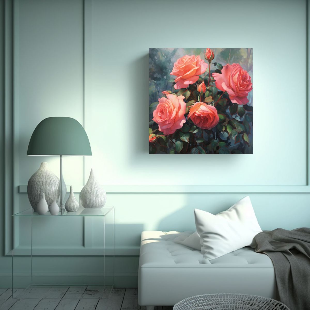 GENERICO - Ilustración Vitalidad De Rosas, Tela En Bastidor 80x80 Cm