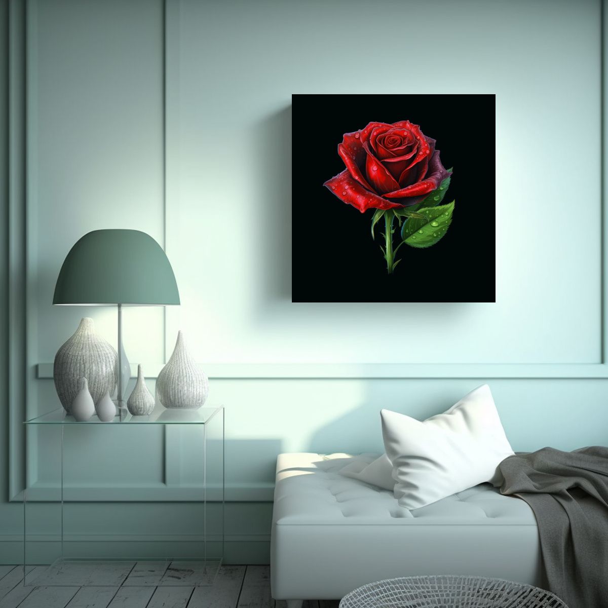 GENERICO - Elegante Rosa Roja En Tallo Verde Pintura 90x90 Cm