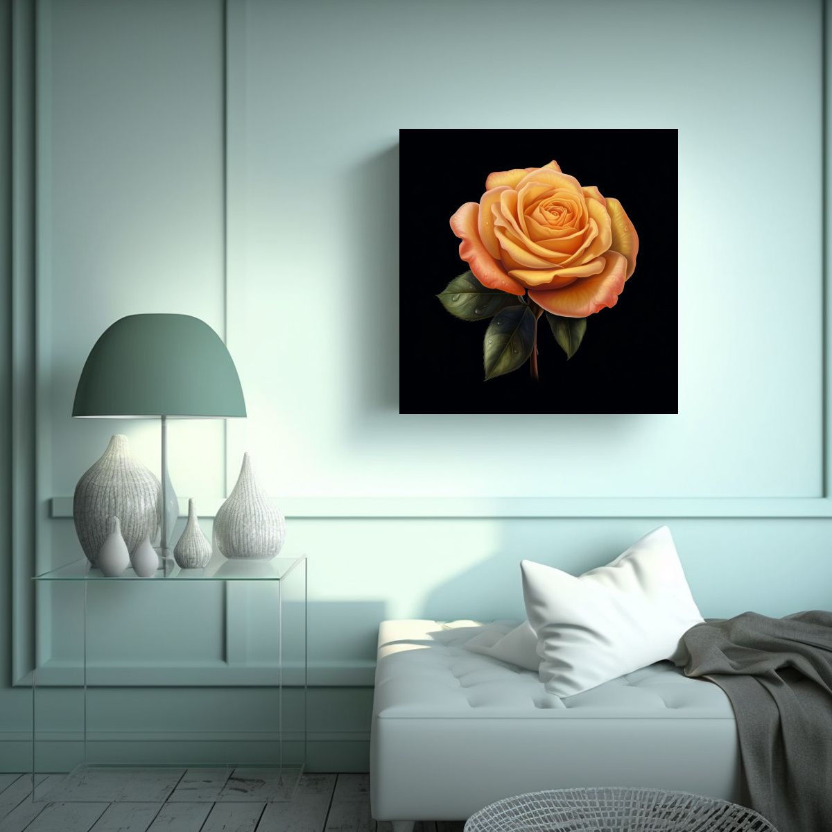 GENERICO - Bella Rosa Durazno Con Tallo Verde Cuadro 50x50 Cm