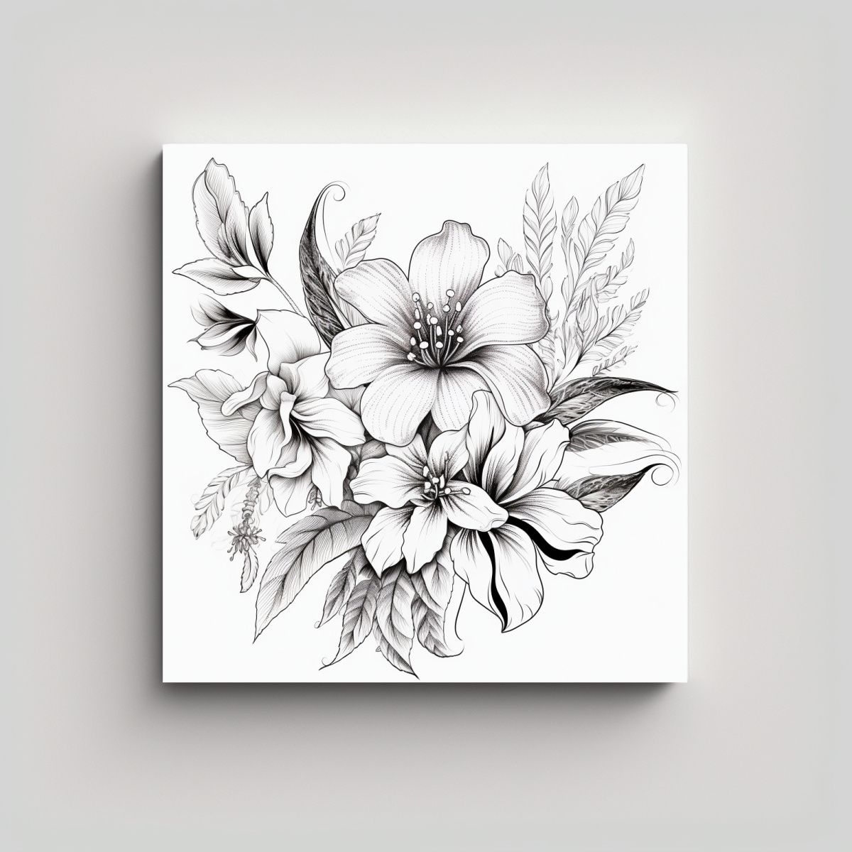 GENERICO - Dibujo Tinta Flores Hojas Estilo Canva Colores 90x90 Cm