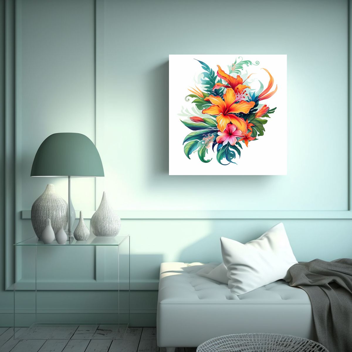 GENERICO - Ilustración Surrealista Tropical Floral Lienzo 60x60 Cm