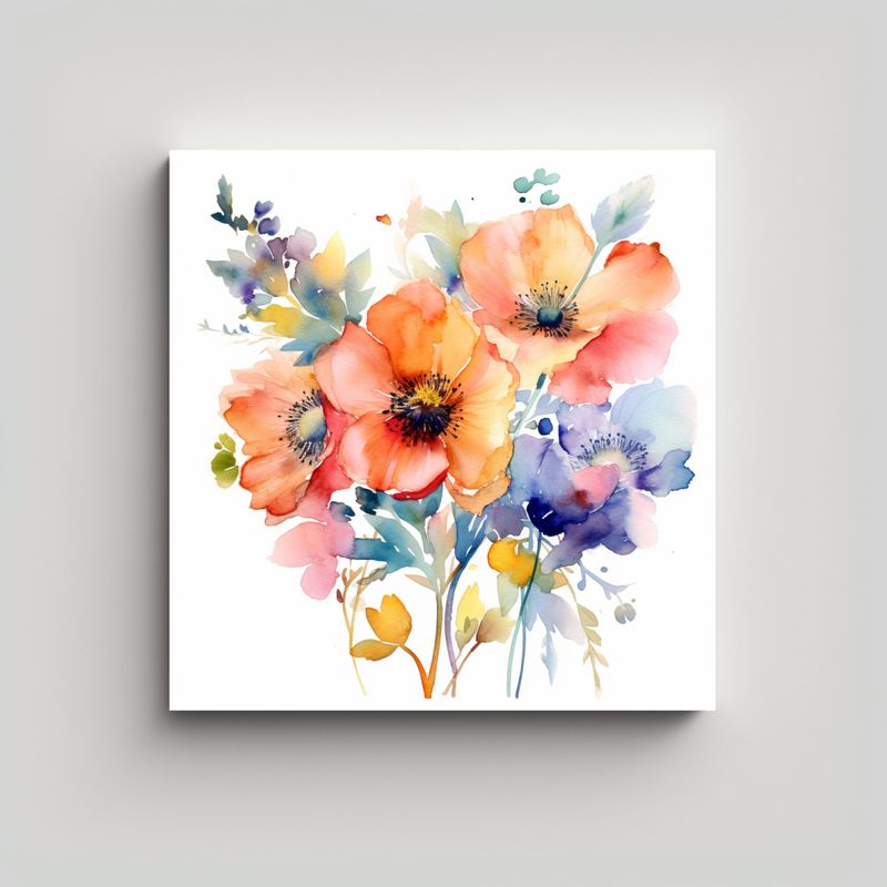 GENERICO - Cuadro Lineas Finas Majestuosas Flores Acuarela 70x70 Cm