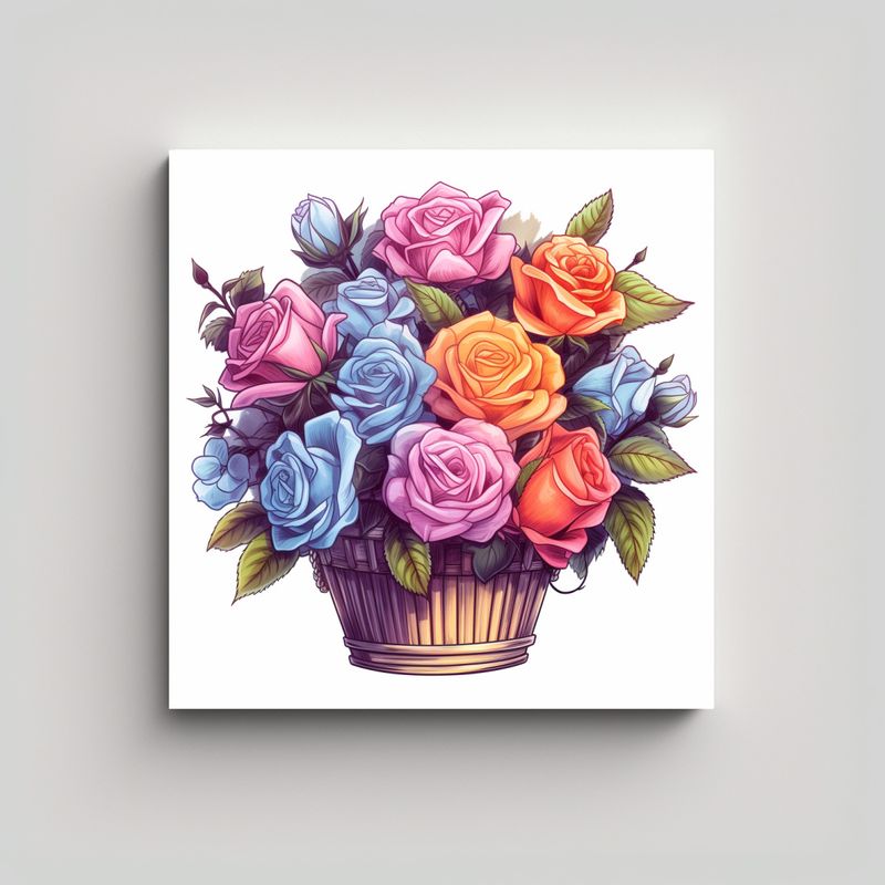 GENERICO - Ilustración De Canasta Con Rosas Coloridas Y 60x60 Cm
