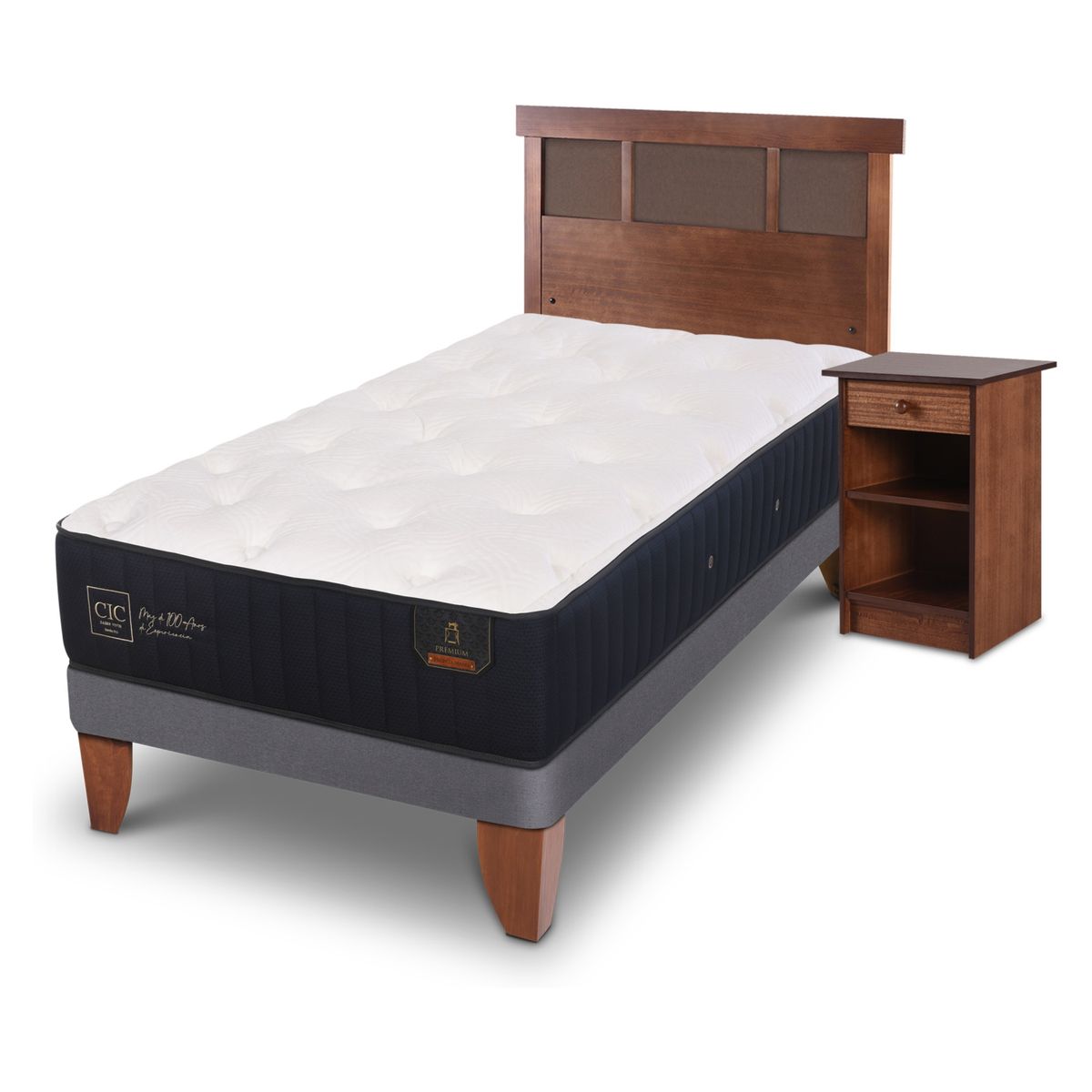 CIC - Cama Europea Premium  1.5 Plazas x 2.00mt  + Respaldo + 1 Velador Cic