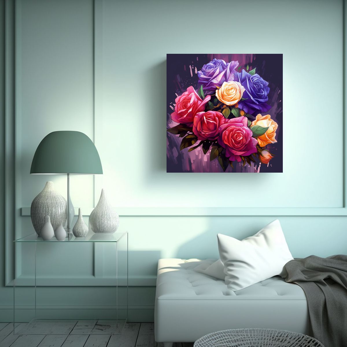 GENERICO - Pintura Surrealista De Rosas Rojas, Amarillas Y 70x70 Cm