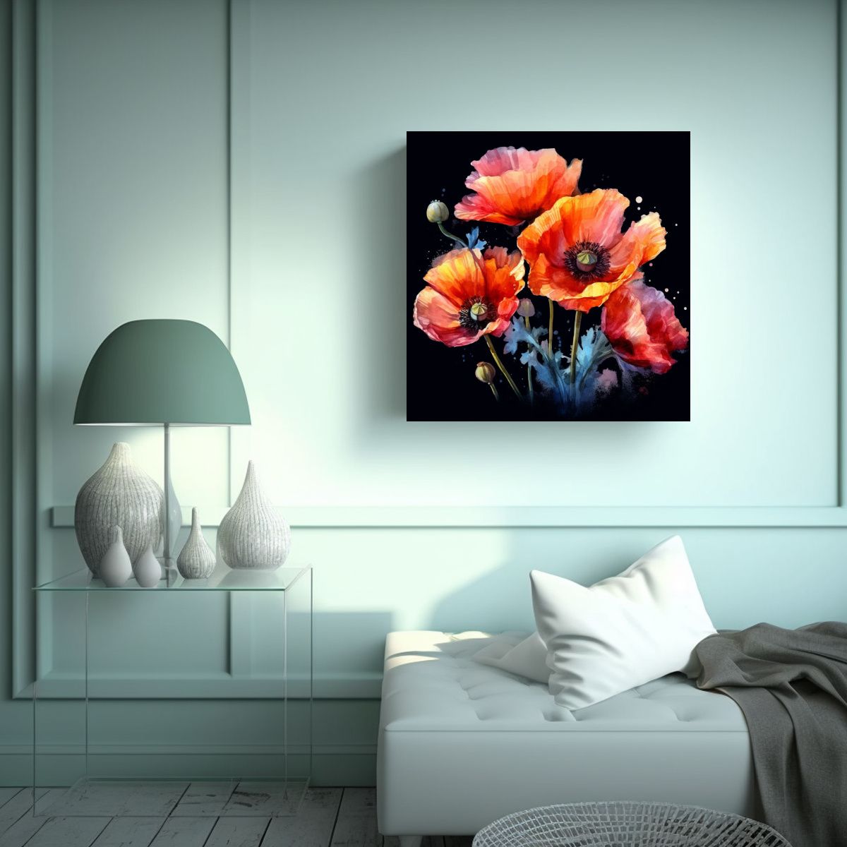 GENERICO - Ilustración Acuarela Flores Amapolas Arte Pared 90x90 Cm