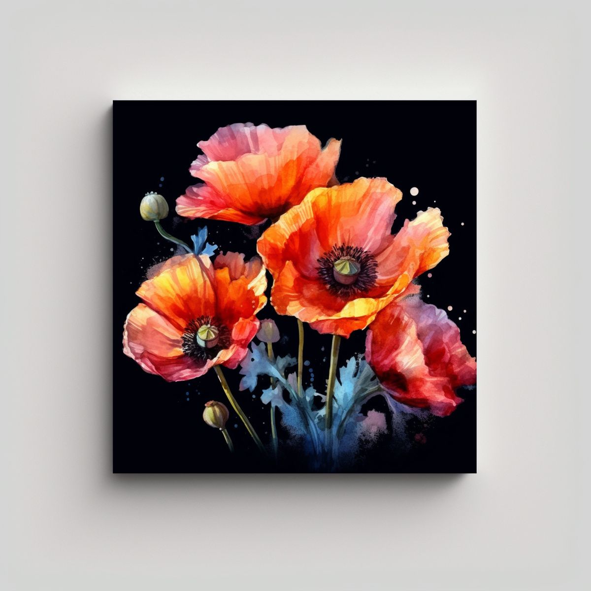 GENERICO - Ilustración Acuarela Flores Amapolas Arte Pared 80x80 Cm