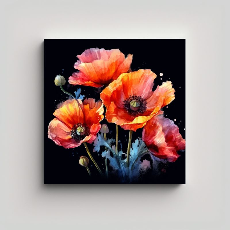 GENERICO - Ilustración Acuarela Flores Amapolas Arte Pared 70x70 Cm