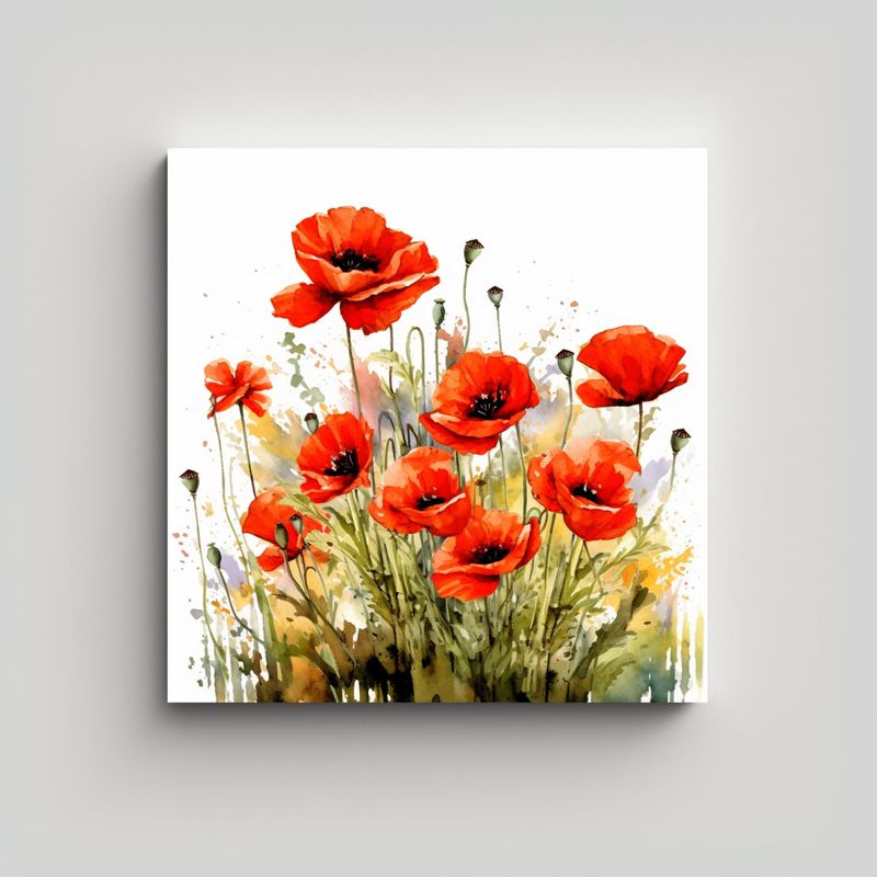 GENERICO - Ilustración Acuarela Campo De Amapolas Lienzo 70x70 Cm
