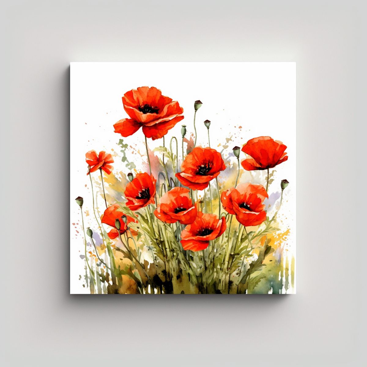 GENERICO - Ilustración Acuarela Campo De Amapolas Lienzo 80x80 Cm
