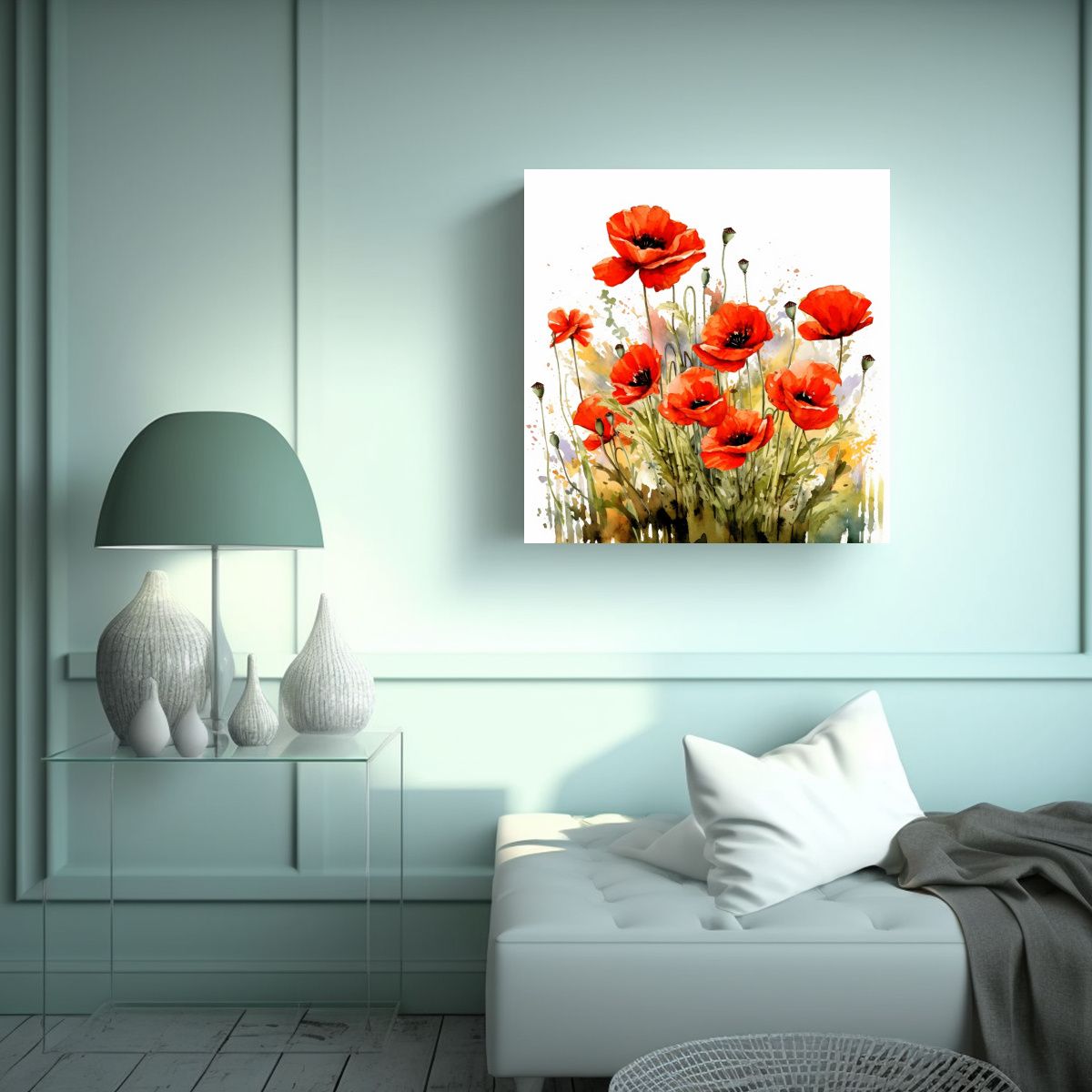 GENERICO - Ilustración Acuarela Campo De Amapolas Lienzo 80x80 Cm