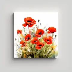 GENERICO - Ilustración Acuarela Campo De Amapolas Lienzo 50x50 Cm