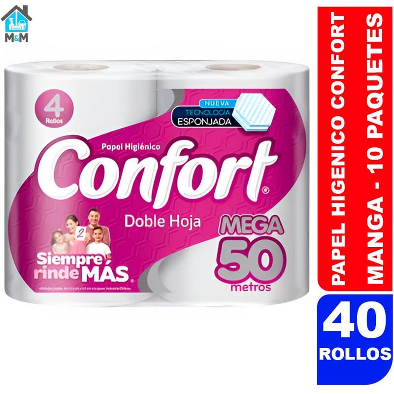 CONFORT - Papel Higiénico Confort Mega Doble Hoja 50 Metros 40 Rollos