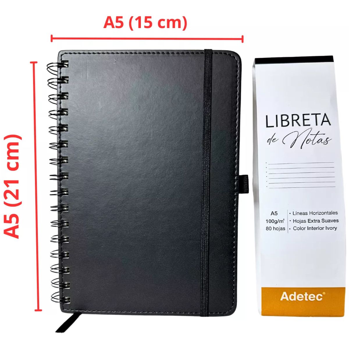 ADETEC - Libreta De Notas A5 Anillado Papel Beige 100 g X 80 hojas