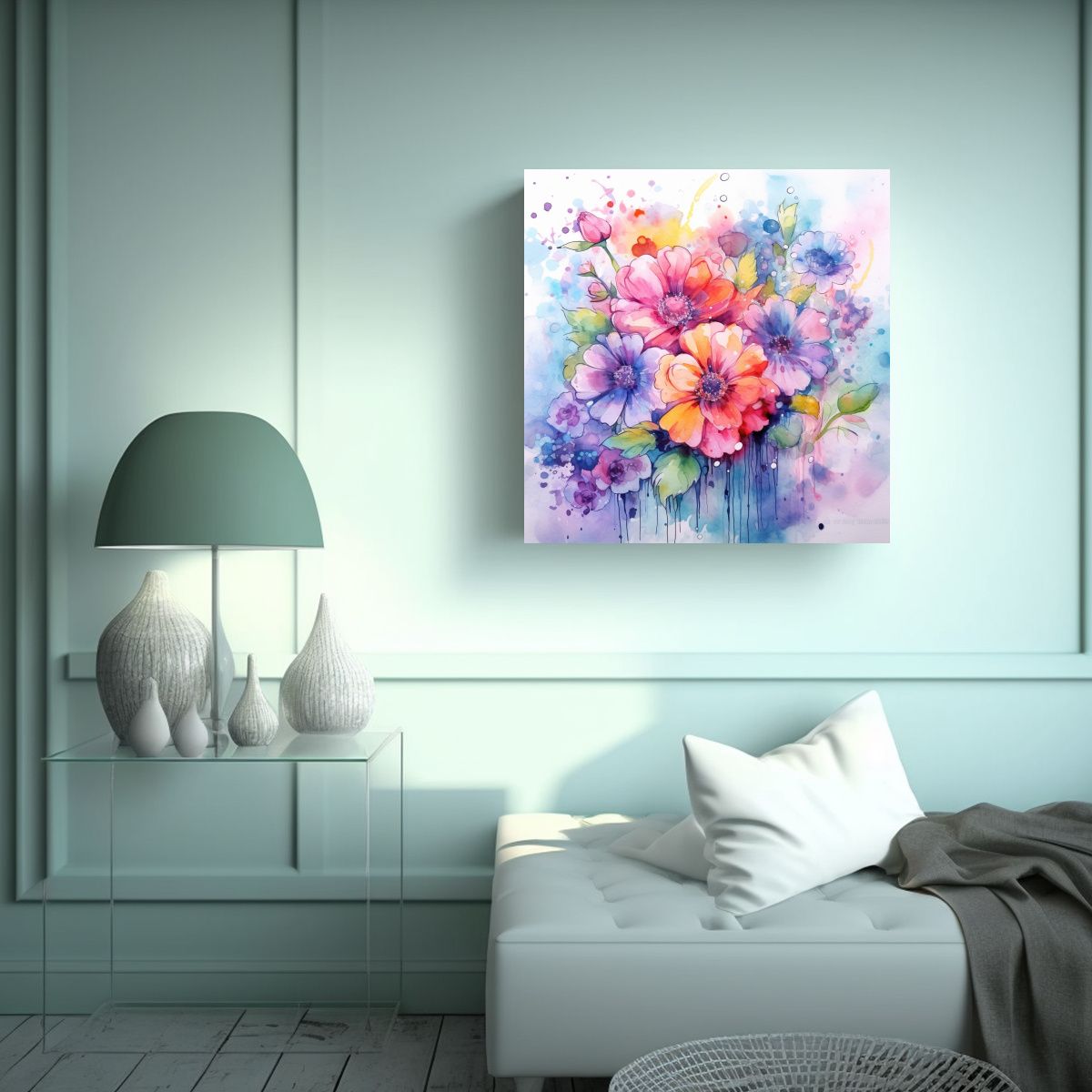 GENERICO - Cuadro Decorativo Único: Flores En Acuarela De 70x70 Cm