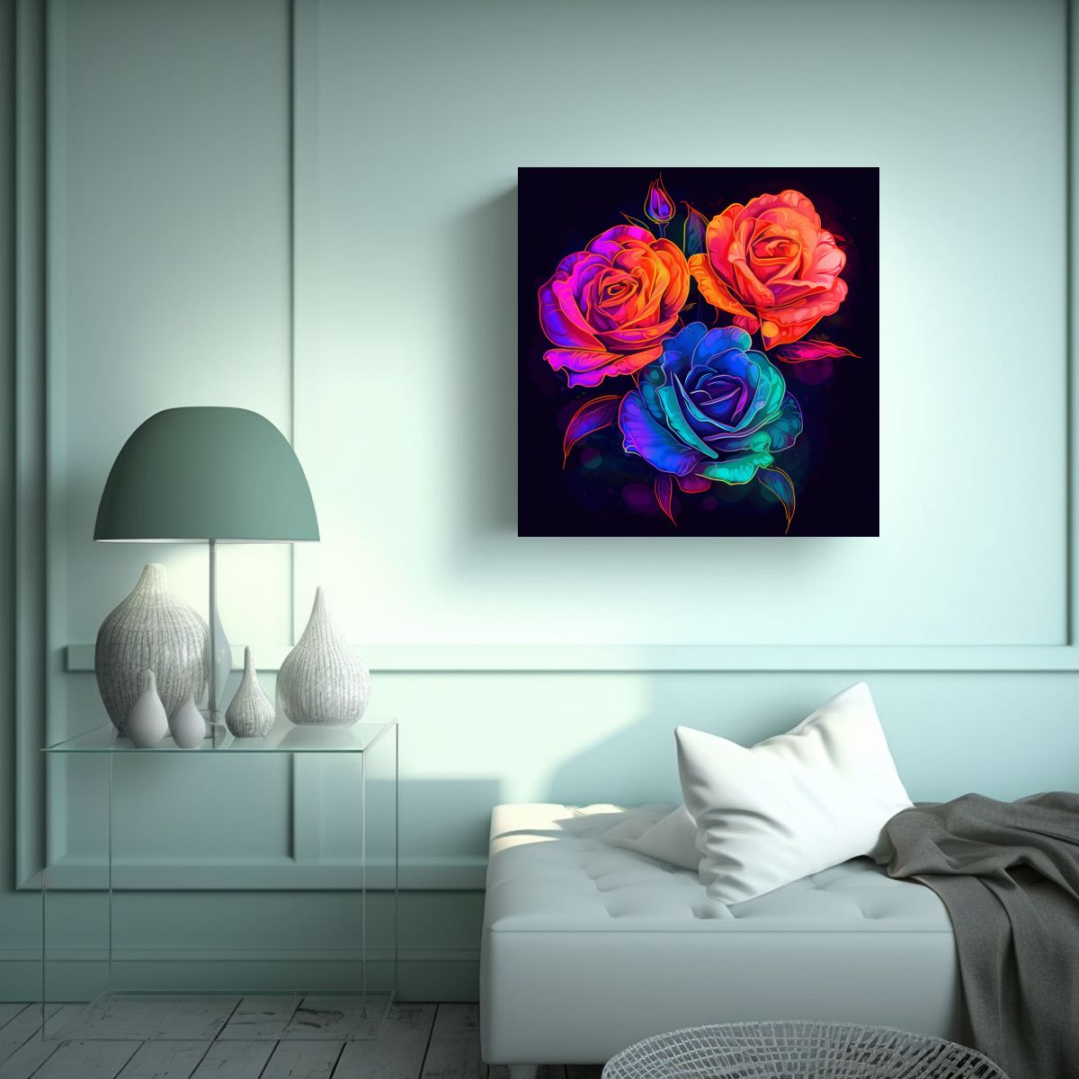 GENERICO - Cuadro Vibrante De Rosas Neón En Acuarela Y 50x50 Cm