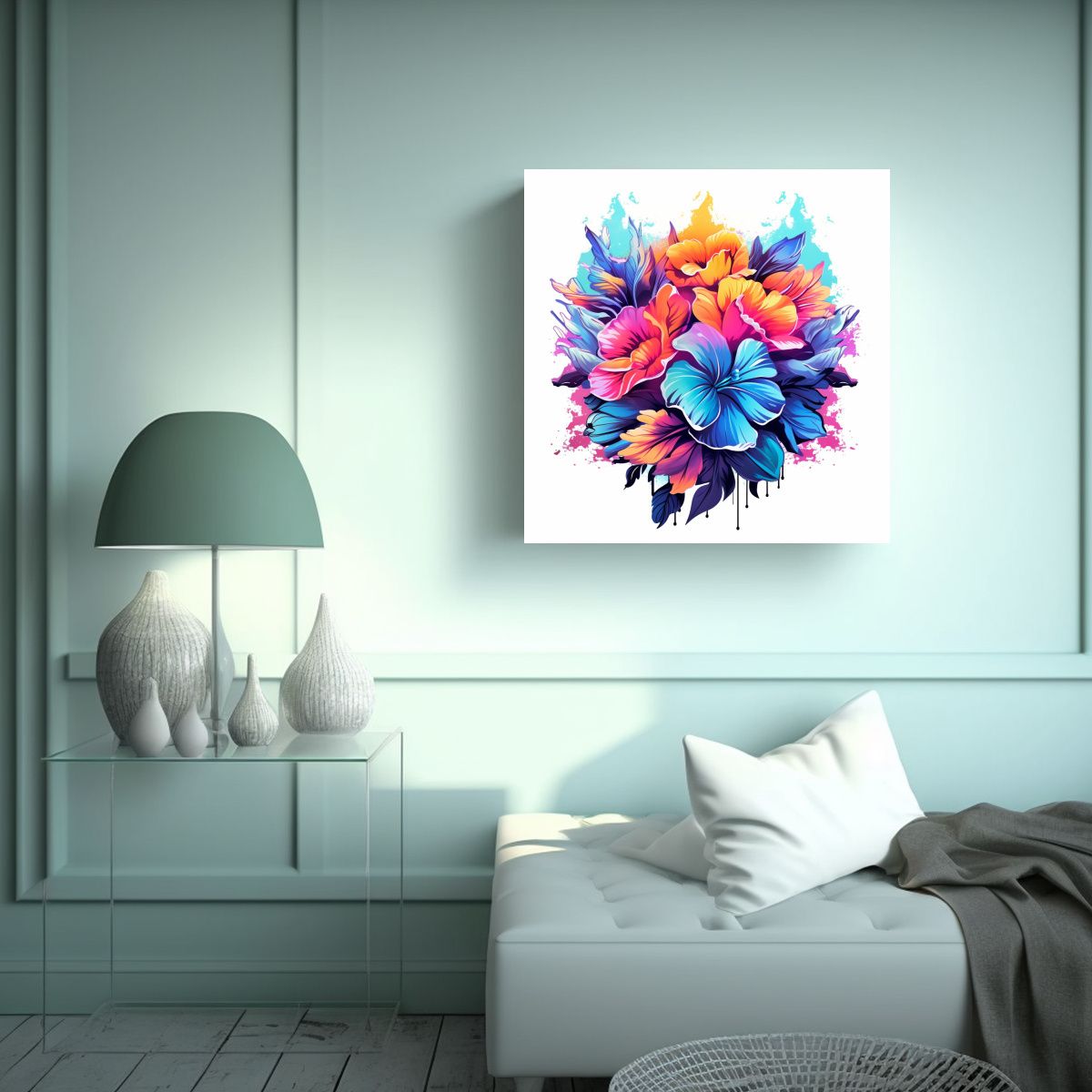 GENERICO - Cuadro Vectorial Floral Synthwave En Colores 80x80 Cm