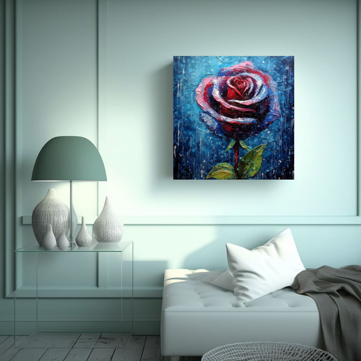 GENERICO - Cuadro De Rosa Azul Con Gotas De Agua: Arte Y 50x50 Cm