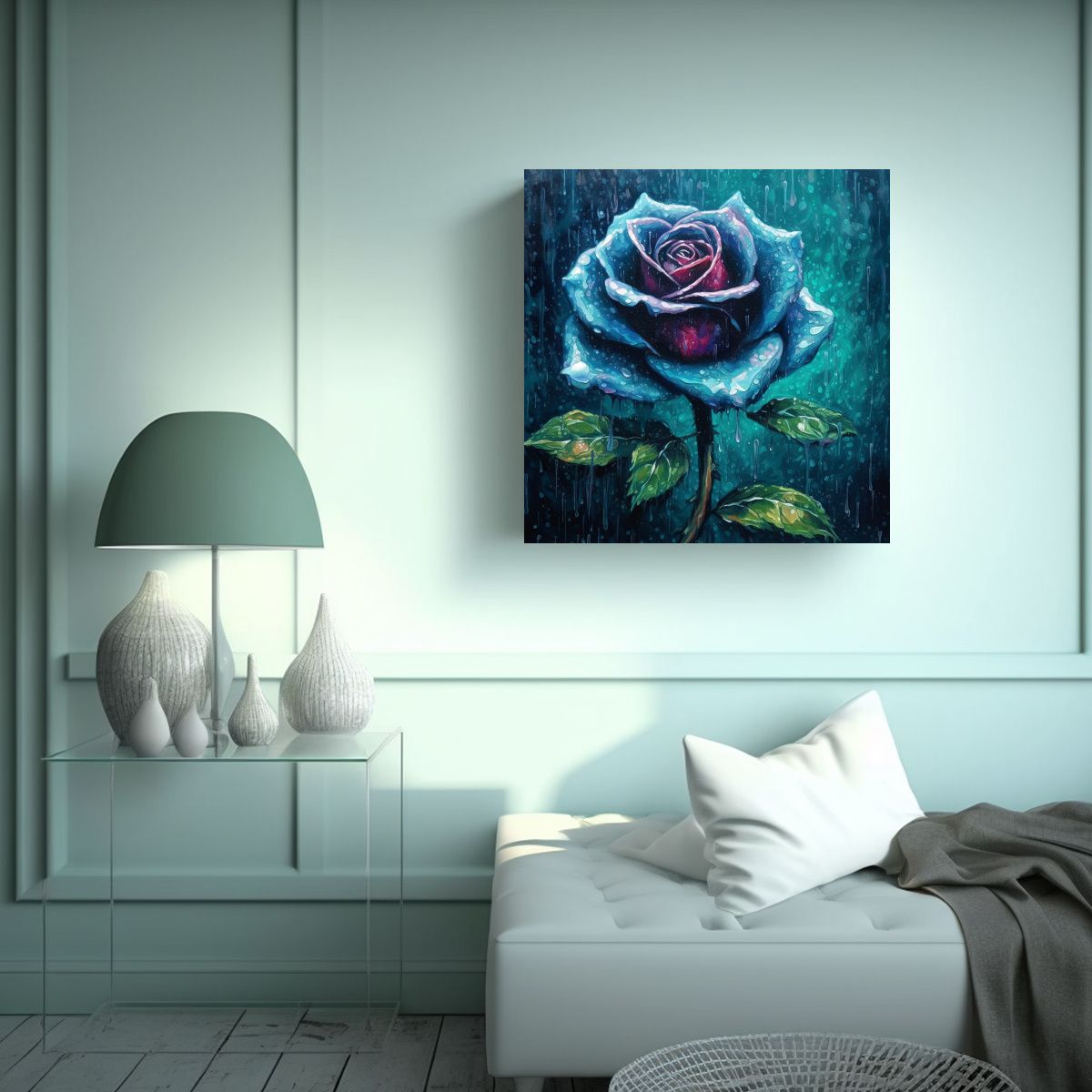GENERICO - Cuadro Decorativo: Rosa Azul Con Rocío En Estilo 90x90 Cm