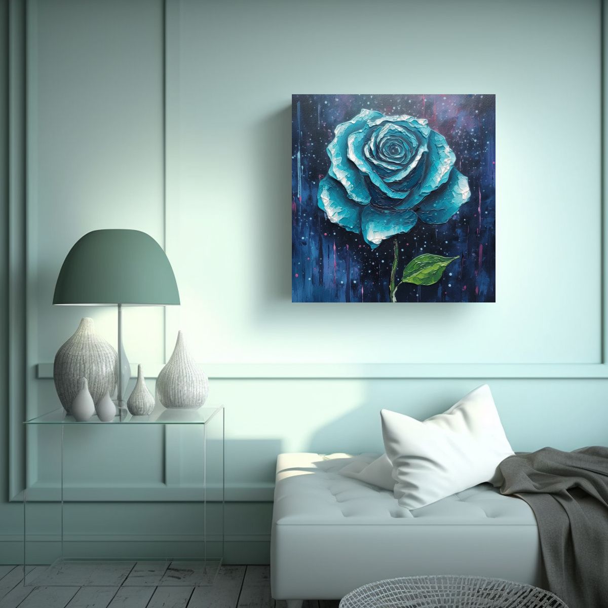 GENERICO - Cuadro Acuarela: Rosa Azul Con Gotas De Lluvia Al 30x30 Cm